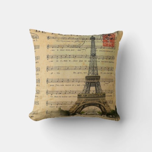vintage music notes french paris eiffel tower throw pillow