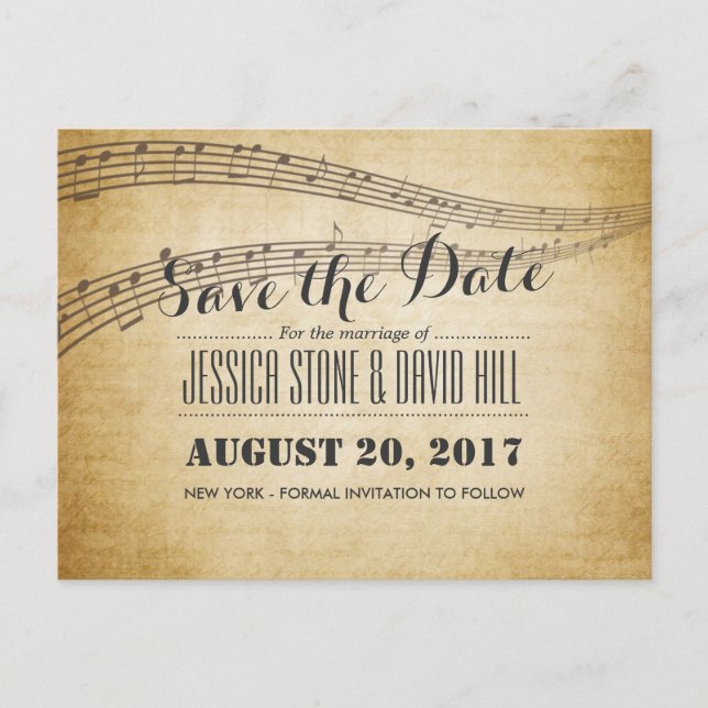 Vintage Music Notes Musical Wedding Save the Date (Front)