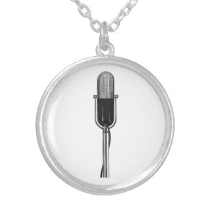 Vintage Music, Old Fashioned Retro Microphone Silver Plated Necklace