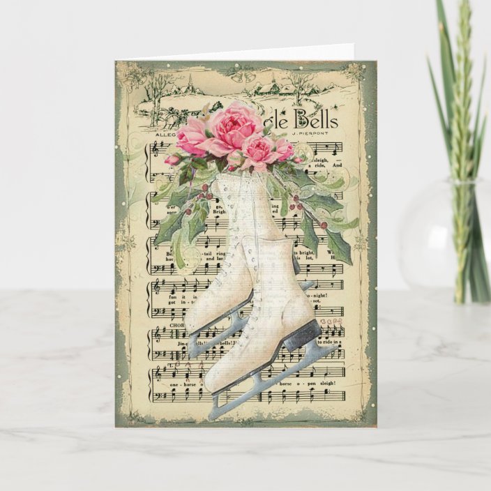 Vintage Music Sheet And Ice Skates Christmas Card Zazzle Com