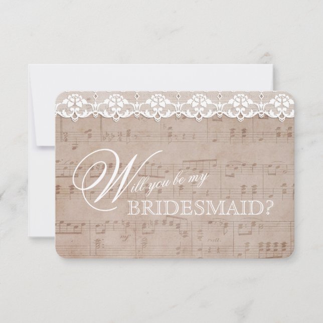 Vintage Music Sheet & Lace Be my BRIDESMAID Invite (Front)