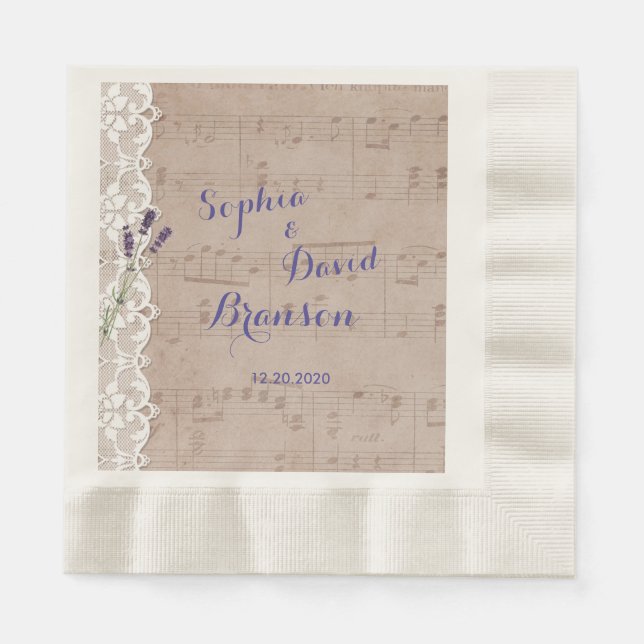 Vintage Music Sheet & Lace Wedding Napkins (Front)