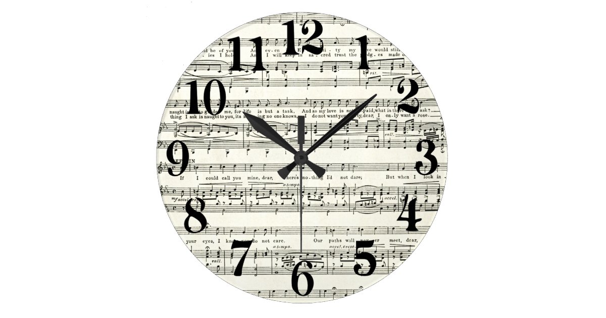 Vintage music sheet,musical notes large clock