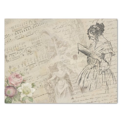 Vintage Music Sheet Script Letter Lady Floral