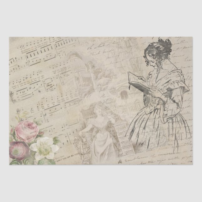 Vintage Music Sheet Script Letter Lady Floral (Front)