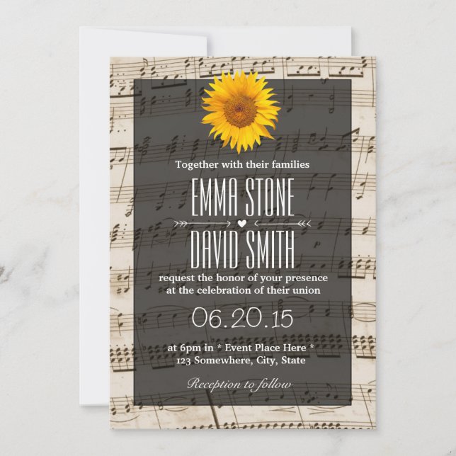 Vintage Music Sheet Sunflower Wedding Invitation (Front)