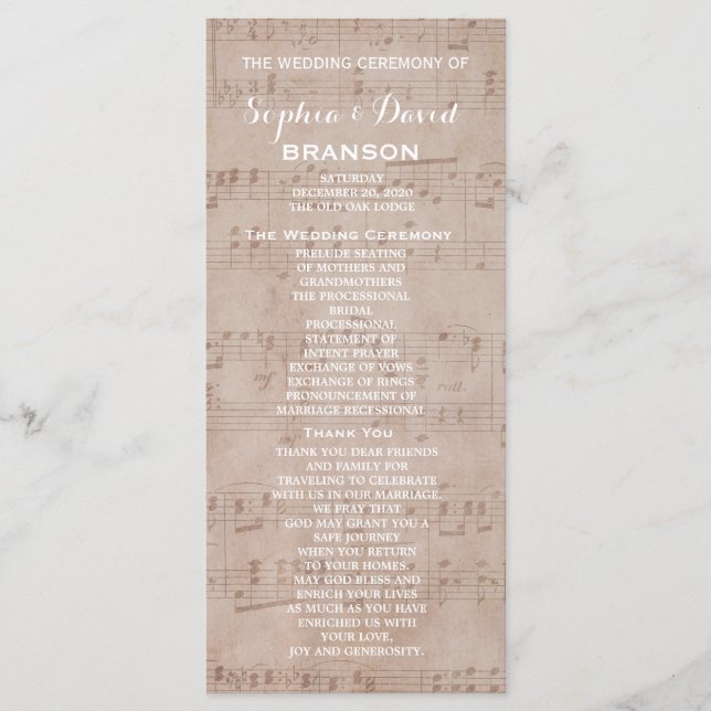 Vintage Music Sheet Wedding Program Custom (Front)