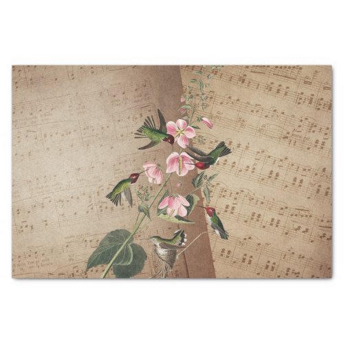 Vintage Music Sheets Humming Birds Pink Flowers Tissue Paper