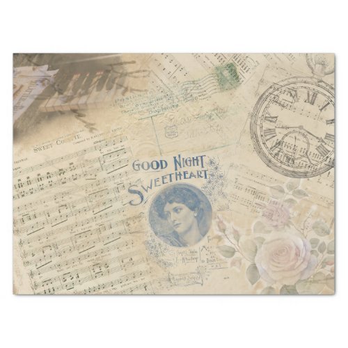 Vintage Music Sheets Roses Pocket Watch Decoupage Tissue Paper