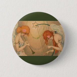 Vintage Music Victorian Angel Musicians Flute Harp Button