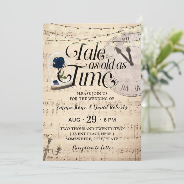 Vintage Musical Blue Rose Dome Fairytale Wedding Invitation (Standing Front)