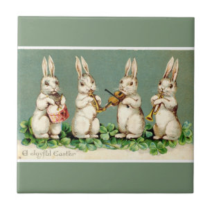 Vintage Musical Easter Bunnies Green Ceramic Tile