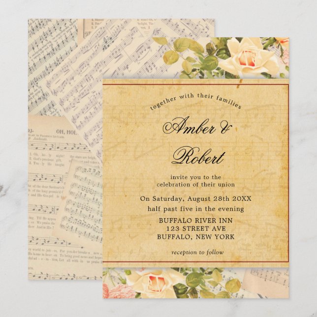 Vintage Musical Floral Wedding Invitations (Front/Back)
