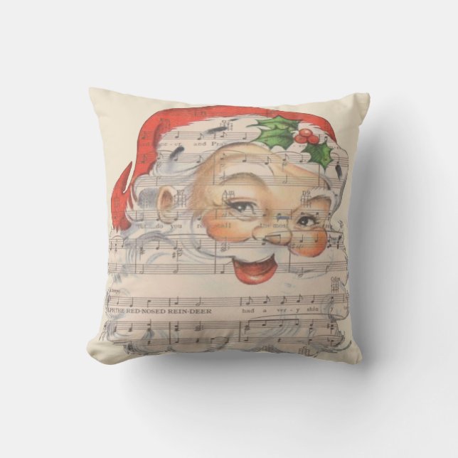 Vintage Musical Santa Claus Throw Pillow (Front)