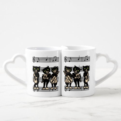 Vintage Musician Black Cats Music Notes Coffee Mug Set