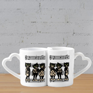 Vintage Musician Black Cats Music Notes Coffee Mug Set