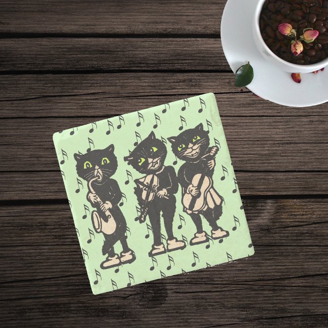 Vintage Musician Black Cats Music Notes Stone Coaster (Three black cat musicians playing instruments, music notes on light green stone drink coaster.)