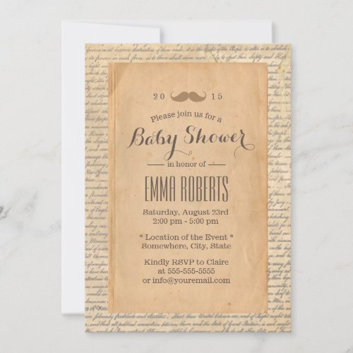 Vintage Mustache Old Script Background Baby Shower Invitation