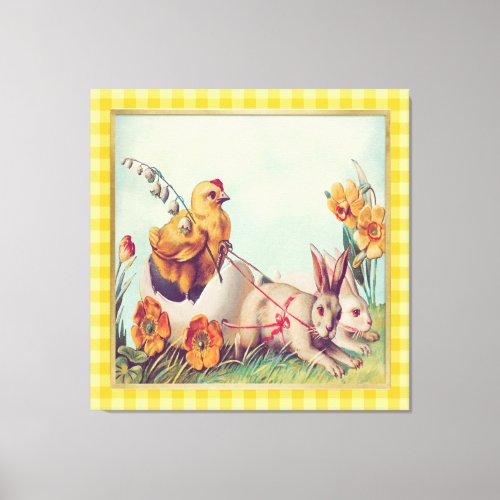 Vintage Mustard Yellow Easter Bunny  Chick Art Canvas Print