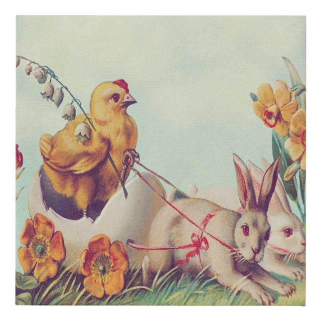 Vintage Mustard Yellow Easter Bunny & Chick Faux Canvas Print (Front)