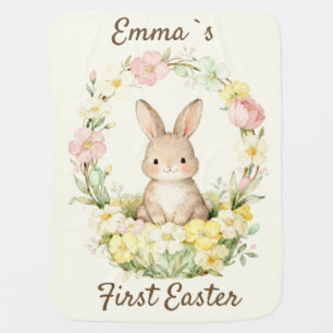 Vintage My First Easter Bunny Floral Wreath Baby Blanket