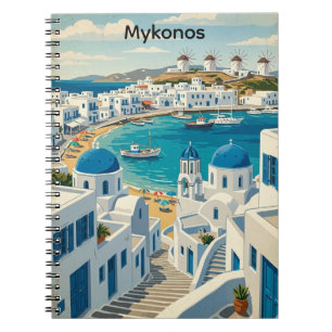 Vintage Mykonos Greece Architecture Windmills Notebook