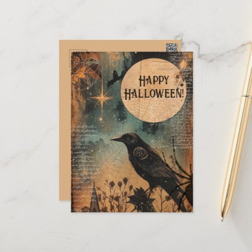 Vintage Mystic Raven Moon Happy Halloween Postcard