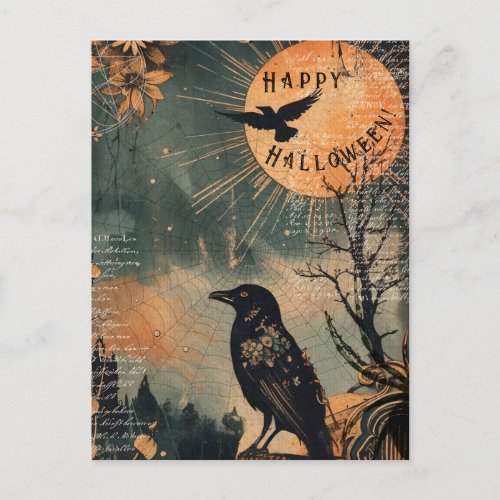 Vintage Mystic Raven Moon Happy Halloween Postcard