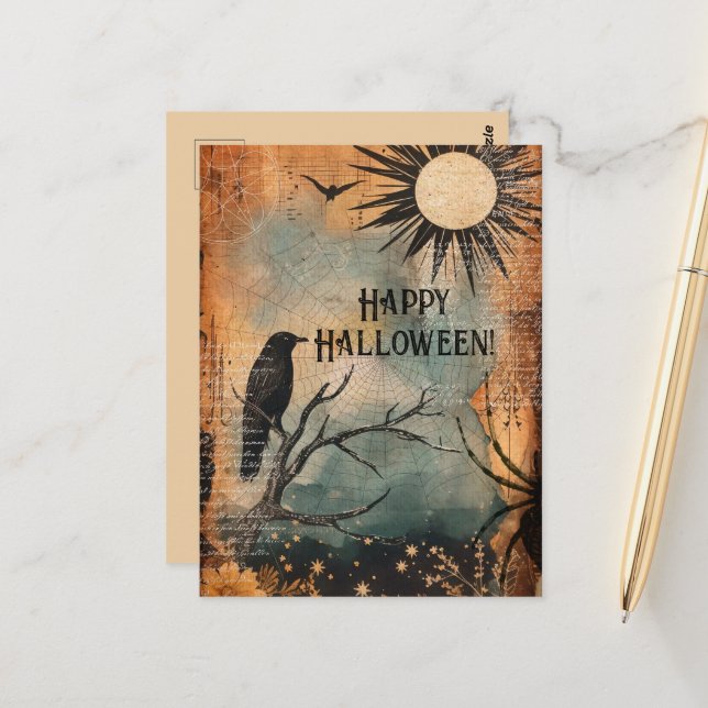 Vintage Mystic Raven Sun Happy Halloween Postcard (Front/Back In Situ)