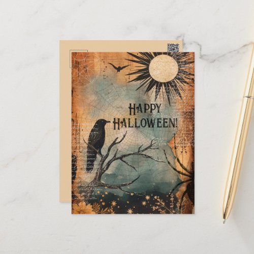 Vintage Mystic Raven Sun Happy Halloween Postcard