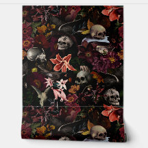 Vintage Mystic Skull Flower Bird Garden Wallpaper
