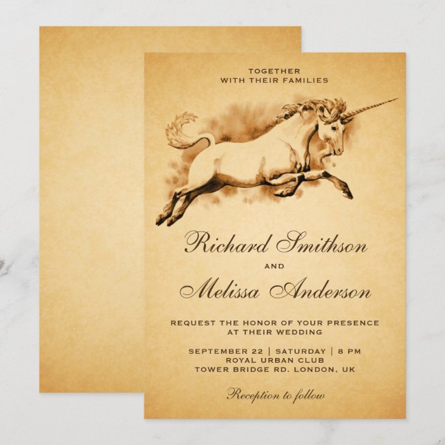 Vintage Mythical Unicorn Wedding Invitation (Front/Back)