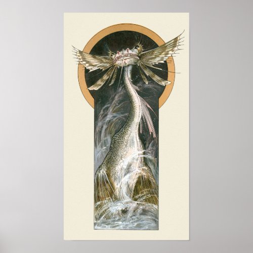 Vintage Mythology a Winged Dragon in the Ocean Poster