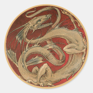 Vintage Mythology, Antique Golden Asian Dragon Classic Round Sticker