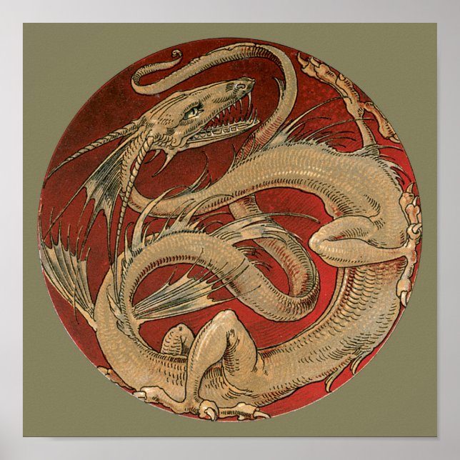 Vintage Mythology, Antique Golden Asian Dragon Poster (Front)