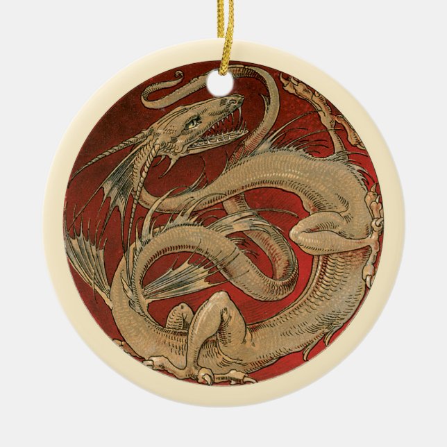 Vintage Mythology, Golden Asian Dragon Ceramic Ornament (Front)