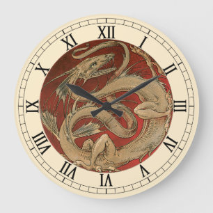 Vintage Mythology, Golden Asian Dragon Large Clock