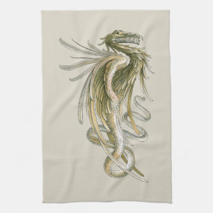 Vintage Mythology, Winged Dragon with a Snake Tail Kitchen Towel