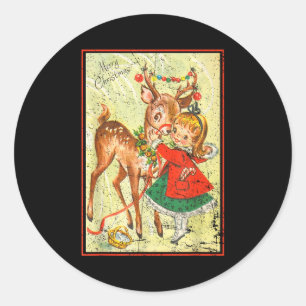 Vintage N Up Little Girl Reindeer Retro 1950s Chri Classic Round Sticker