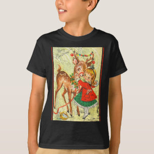 Vintage N Up Little Girl Reindeer Retro 1950s Chri T-Shirt