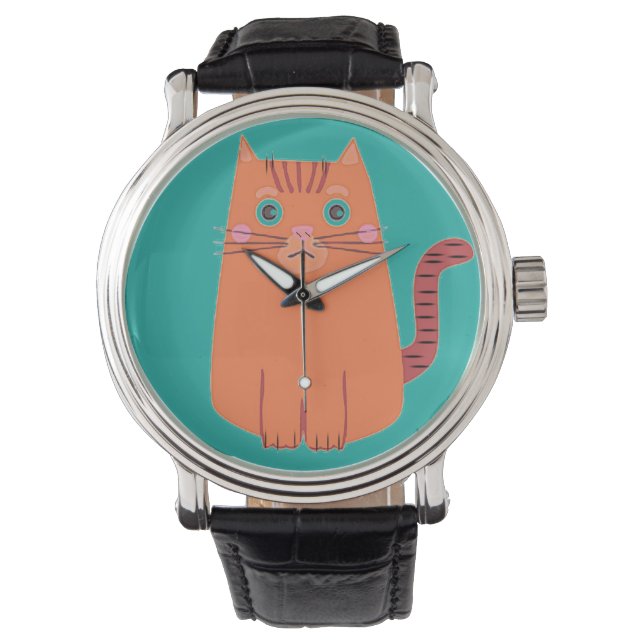 Vintage Naive Cartoon Orange Tabby Cat Watch (Front)