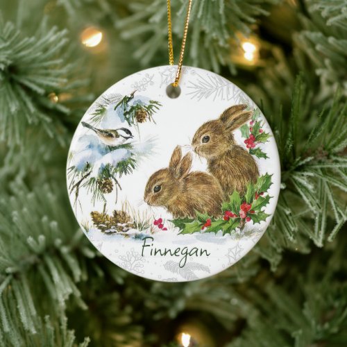 Vintage Name Christmas Snow Bunny and Holly Ceramic Ornament