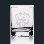 Vintage Name & Monogram Initial Stylish Etched Rocks Glass<br><div class="desc">This personalized etched whiskey glass features an intricate, vintage-inspired design that exudes elegance and sophistication. The decorative crest at the center showcases the name and initial of your choice, along with a customizable "Established" year, making it a unique and timeless keepsake. The delicate scrollwork and classic font style add a...</div>