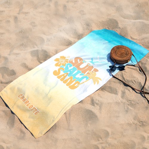 Vintage Name Summer Sun Salt  Sand Theme Beach Towel