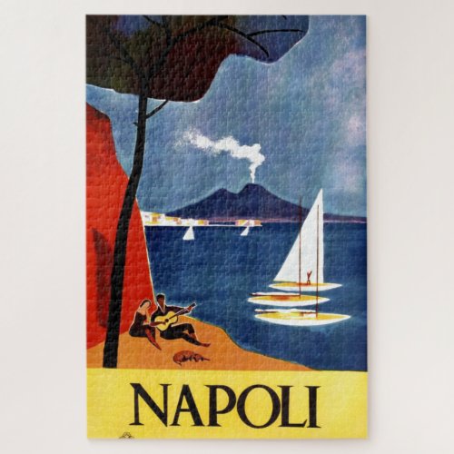 Vintage Napoli Travel Love Romance Illustraton Art Jigsaw Puzzle