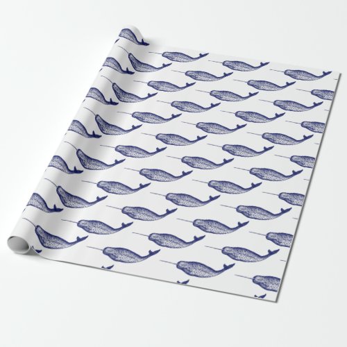 Vintage Narwhal Sea Unicorn Drawing Blue Tissue Pa Wrapping Paper