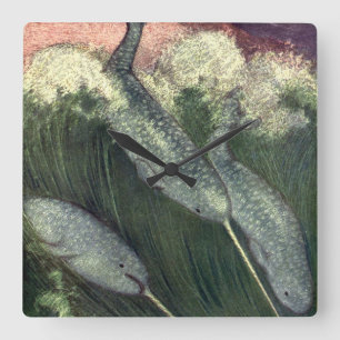 Vintage Narwhals, Marine Life Whales Ocean Animals Square Wall Clock