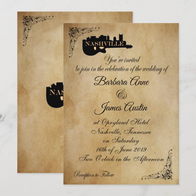 Vintage Nashville Guitar Wedding Invitation (Front/Back)