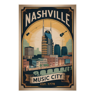 Vintage Nashville Tennessee Music City Retro Trave Poster