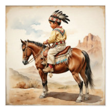 Vintage Native American Boy on Horse Western Art